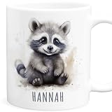 Waschbär Tasse personalisierte Kindertasse mit Namen Waschbärtasse Namenstasse süßes Kinder Geschenk für Jungen & Mädchen Kaffeetasse Teetasse aus Keramik 330 ml (Waschbär)