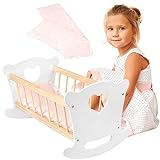 Green series Kinderplay Puppenwiege aus Holz, Weiss Puppenbett Holz, Wiege für Puppe – Set Wiege mit Steppdecke, Kissen und Bettlaken, max. Puppenlänge 49.5 cm, Puppenzubehör, Modell GS2100