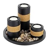 Relaxdays Teelichthalter Set mit Tablett & Steinen, Ø 19,5 cm, Tischdeko Wohn-& Esszimmer, Kerzenhalter, schwarz/braun
