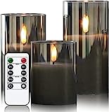 Eldnacele LED Kerzen mit Timerfunktion, flammenlose Kerzen mit Fernbedienung, elektrische Echtwachskerzen im Glas, flackernde Flamme 3-teilige led Kerzen-Set, Art Zimmer Deko, Grau