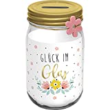 GRUSS & CO 47116 Sparglas Glück Spardose mit Deckel, Höhe 13,8 cm Sparbüchse, Glas, Metall, Kunststoff, Mehrfarbig