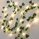 A.bigwhale Lichterkette mit Blättern, Efeu Künstlich mit Lichterkette, Efeugirlande Lichterkette Innen 2m, Grüne Blatt Efeuranke mit 20 LED Licht, Frühling Pflanzen Dekoration für Hochzeit Party