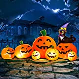 DomKom 2,4 m Lange Halloween Aufblasbare Dekoration Kürbis mit schwarzer Katze Zauberer HAT, Outdoor Holiday Decor Blow Up Halloween Yard Decor, LED Lichter Aufblasbare Outdoor Garten Rasen Halloween