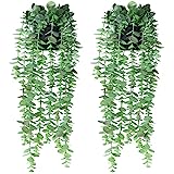 SOGUYI Künstliche Pflanzen Hängend, Künstlicher Eukalyptus, Kunstpflanze Eukalyptus Blätter im Topf, Wartungsfreie Plastik Hängepflanzen Rebe für Wand Küche Veranda Hängekorb Dekoration(2 Stück)