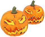 com-four® 2X Kürbis mit LED Beleuchtung - Windlicht für Halloween und Herbst - Deko Kürbis mit gruseliger Fratze (Orange - 16cm - 2 Stück)