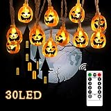 mixigoo Kürbis Lichterkette, 30 LED Halloween Kürbis Lichter Batteriebetrieben mit Fernbedienung und Timer 8-Mode 4.5m 3D Kürbis Beleuchtung für Halloween Weihnachten Festival Party Dekoration