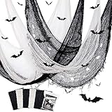 YuSaug Halloween Deko Stoff, 5 Stücke Gruselige Stoff 183 * 76CM mit 12 Fledermaus Aufkleber, Gruseltuch Halloween Party Spukhaus Gruselige Dekoration (3 Schwarz + 2 Weiß)