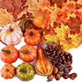 TheStriven 100 Stück Mini Kürbisse Eicheln Kunstgemüse Künstliche Blätter Kürbis Deko Simulationskürbis Fälschung Kürbis Herbstdeko Seidenahornblatt, Tannenzapfen Für Deko Halloween Thanksgiving Party